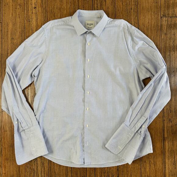 BEN SHERMAN Mens Blue Striped Tailored Slim Fit Button Down Shirt Size 17 1/2 - Picture 3 of 8